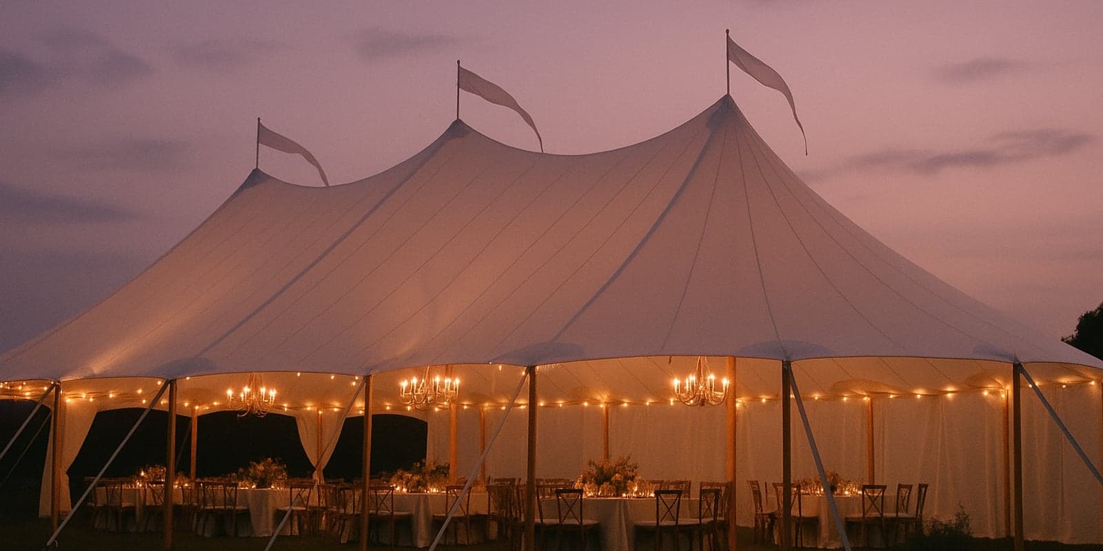 Sailcloth wedding tent glowing at twilight