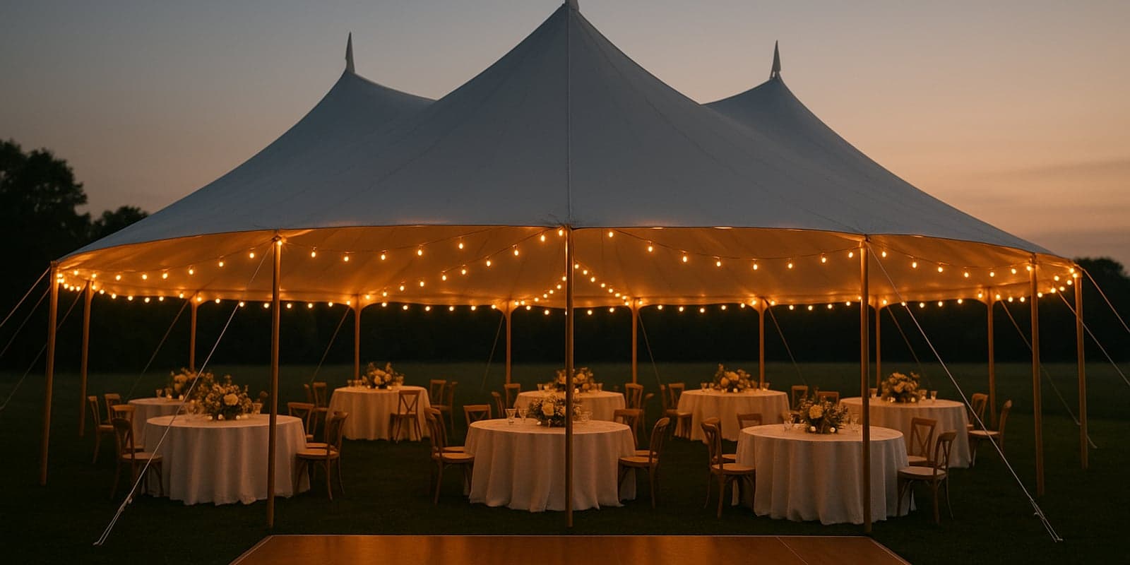 30x60 white wedding tent at dusk with round tables and string lights