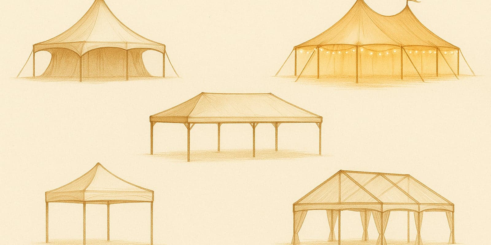 Five tent type silhouettes arranged in editorial flat-lay style