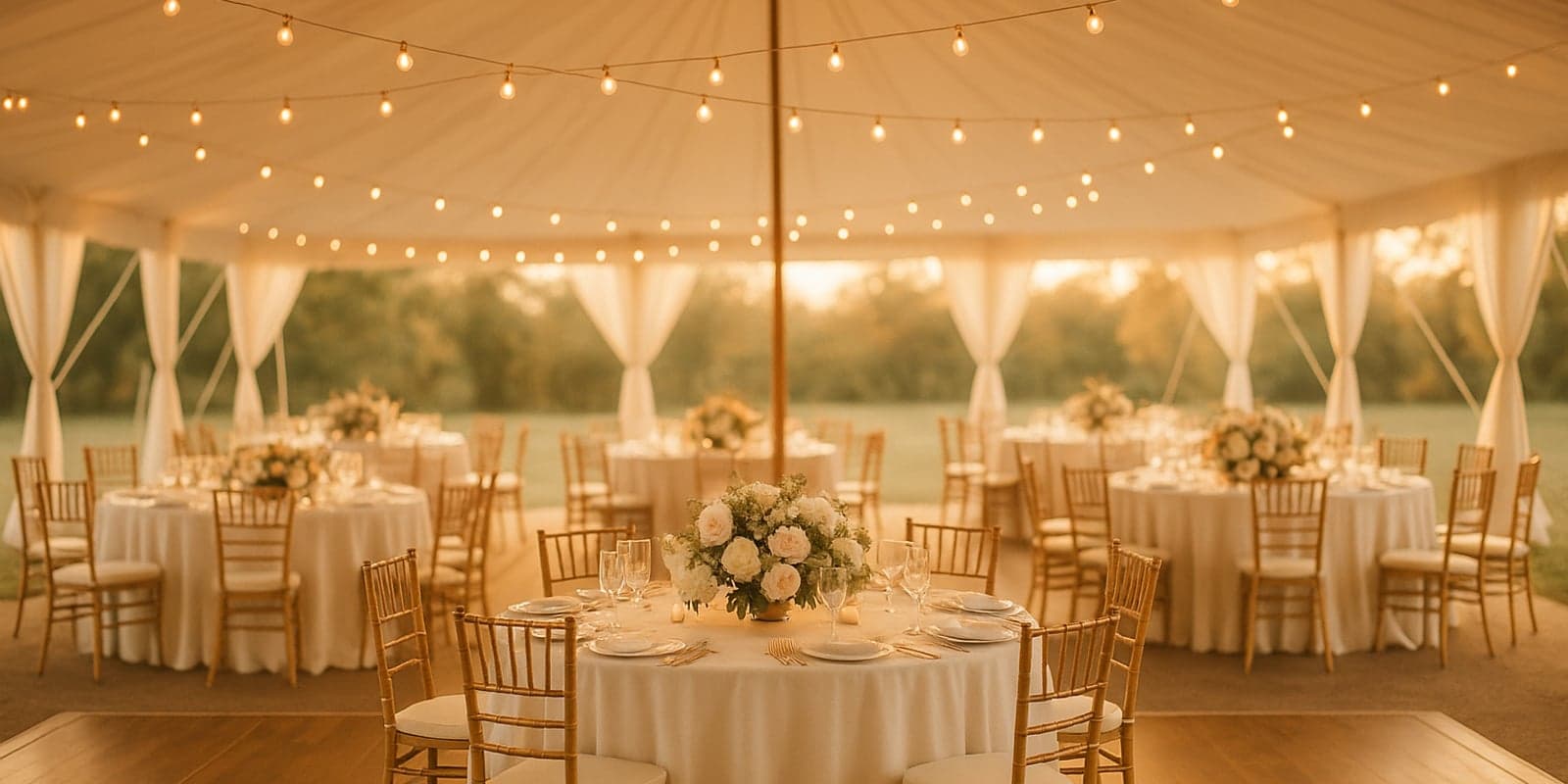 Elegant wedding tent interior with round tables and string lights