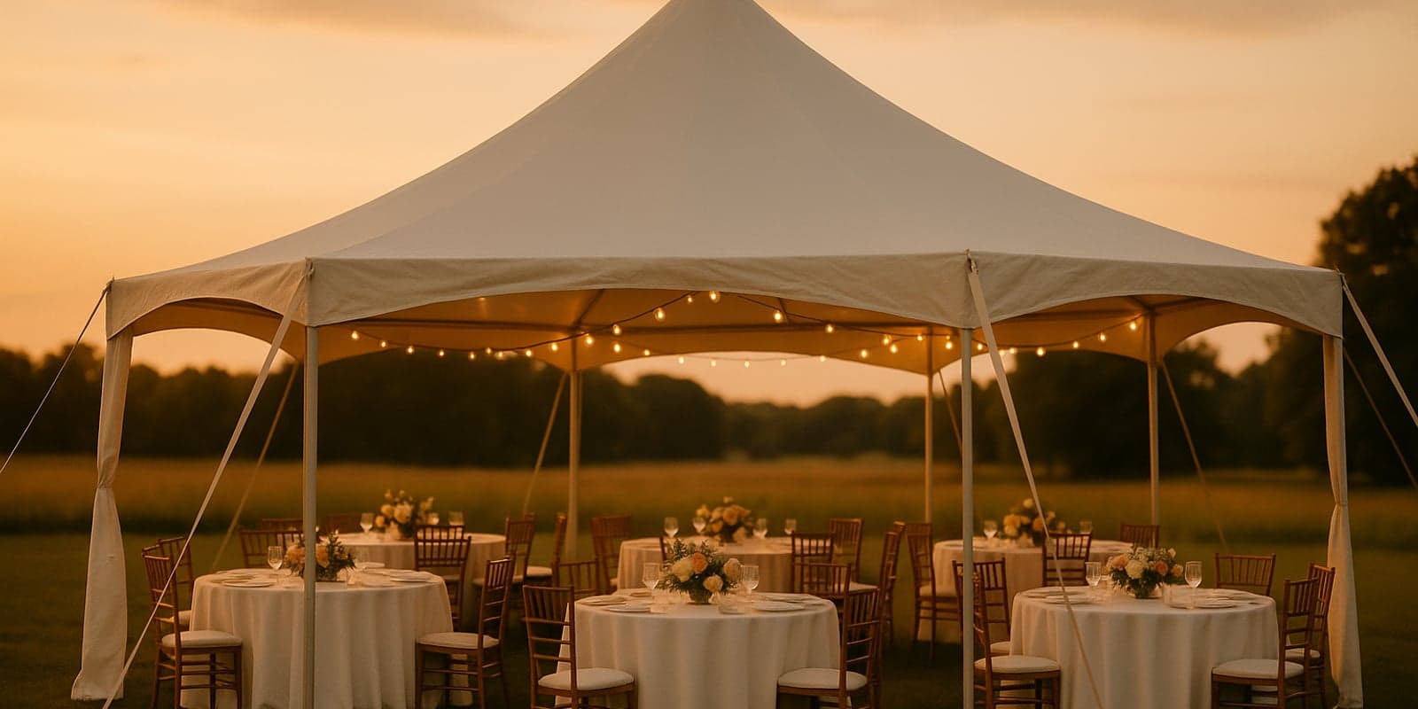 20x40 white frame wedding tent at golden hour with round tables visible inside