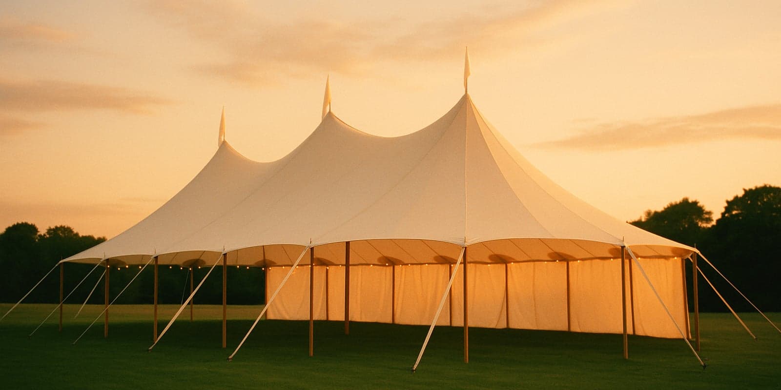 Classic peaked-roof pole wedding tent on a green lawn at golden hour