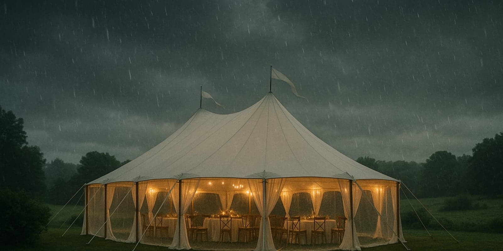 Wedding tent during light rain with warm interior light