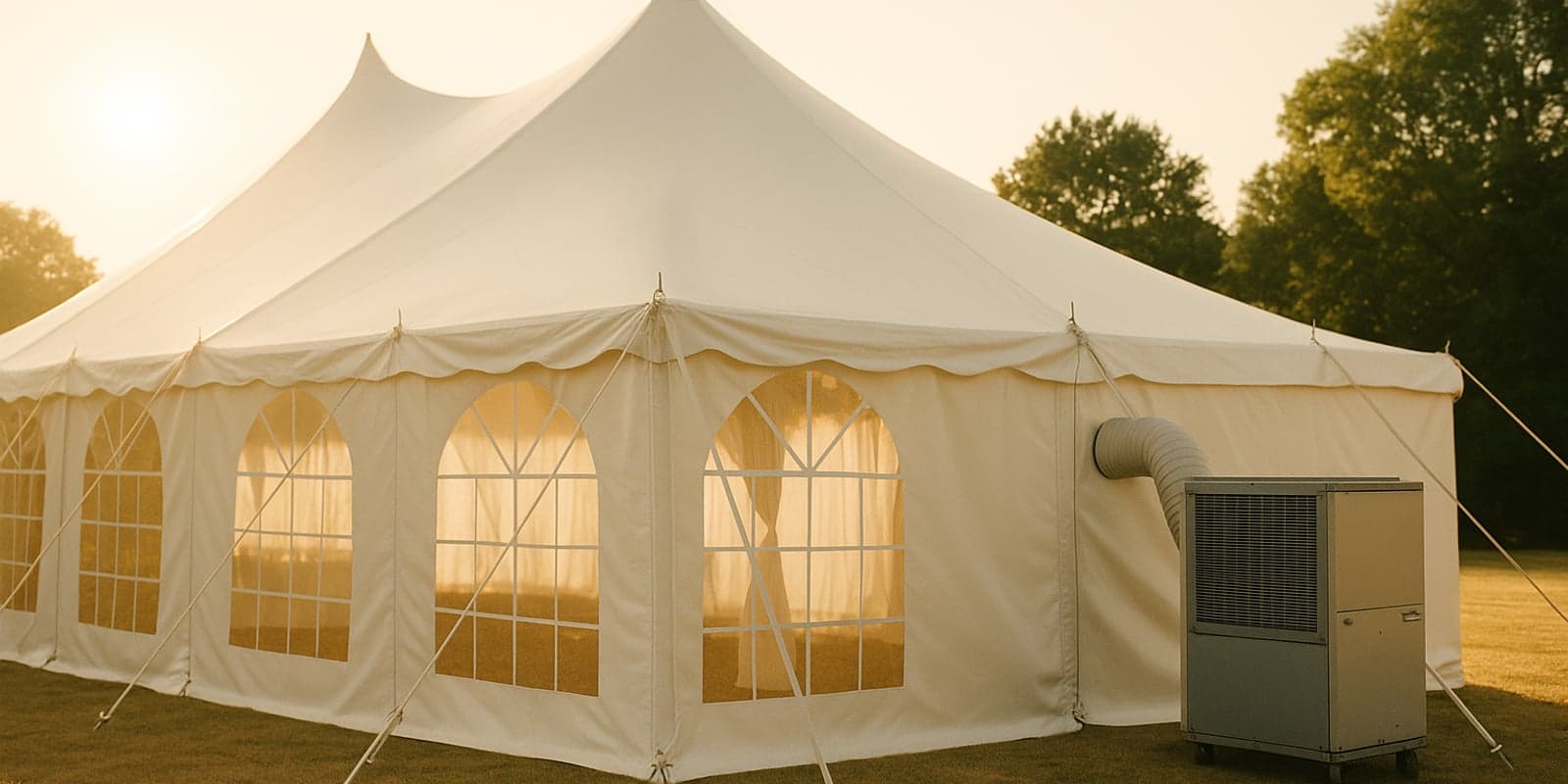 White wedding tent with portable air conditioning unit on a hot summer afternoon