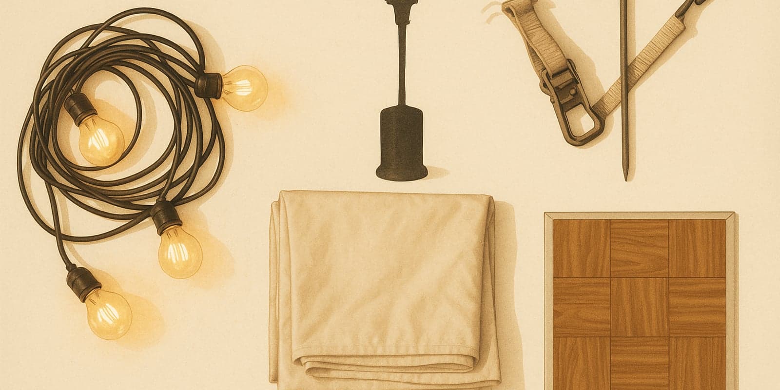 Wedding tent accessories flat lay including string lights, heater, and dance floor tile