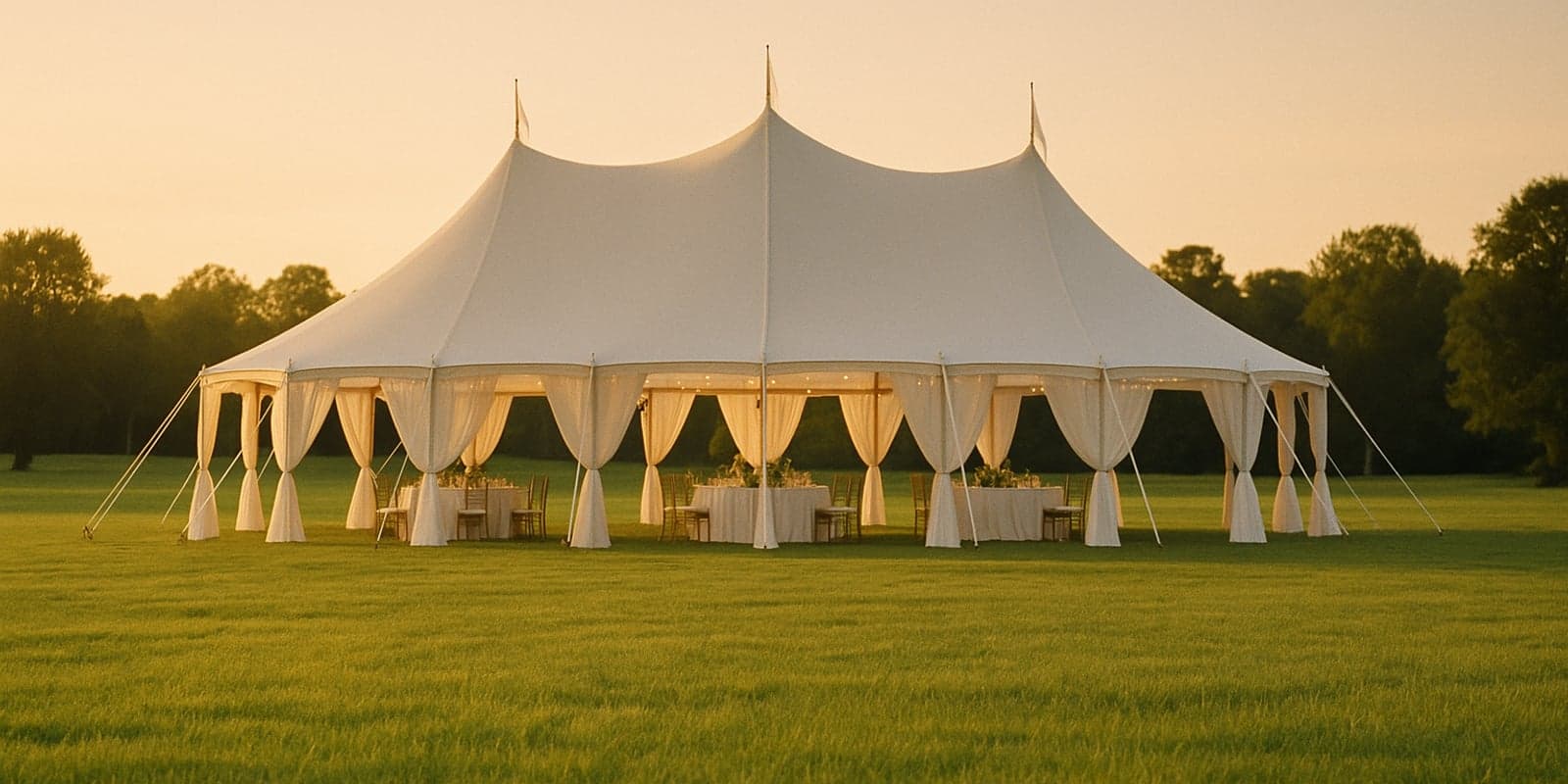 Elegant white wedding tent on a sun-kissed lawn