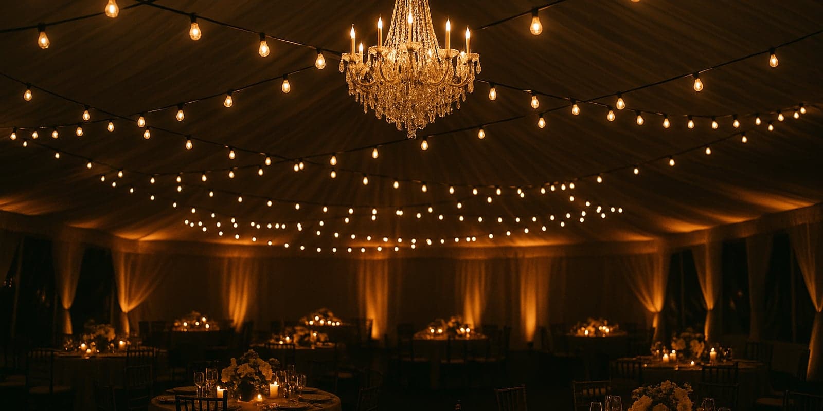 Wedding tent at night with crystal chandelier, Edison string lights, and uplighting